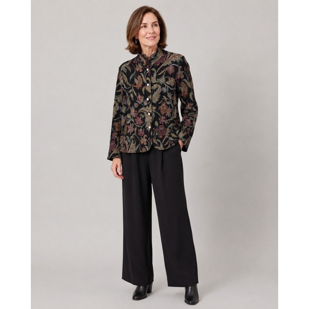 Vintage Dressbarn Tapestry Jacket Womens Medium Black Floral Print Dark Romantic